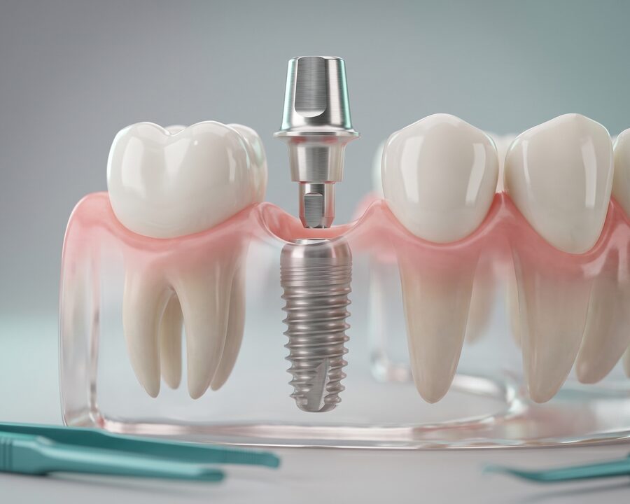 건강한 어금니 사이에 임플란트 픽스처가 식립되는 과정을 표현한 3D 일러스트