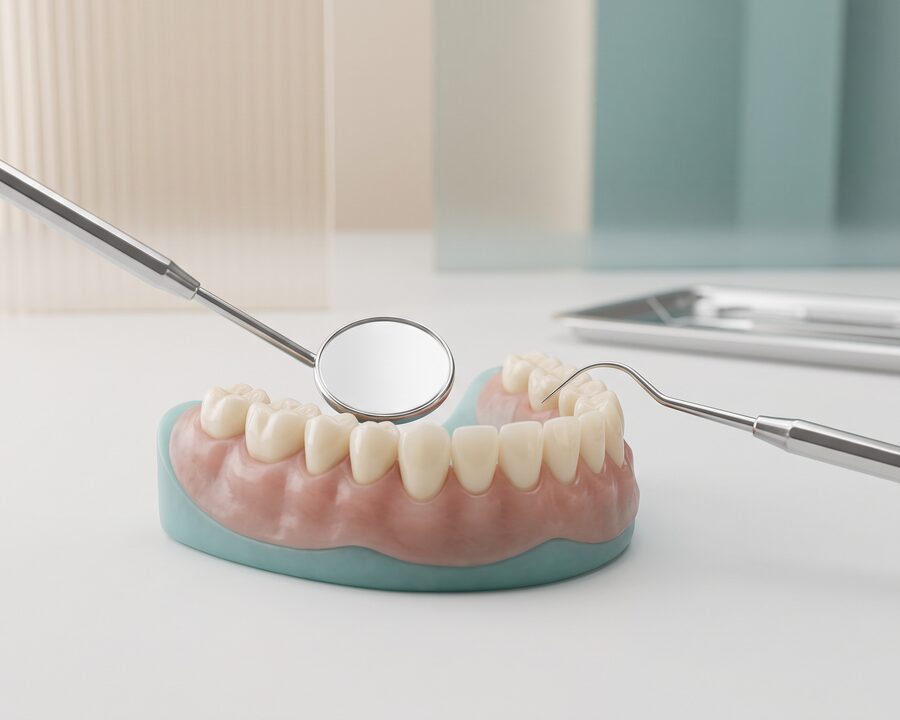 치경으로 건강한 치아 모형을 살펴보는 사후관리 개념 3D 일러스트