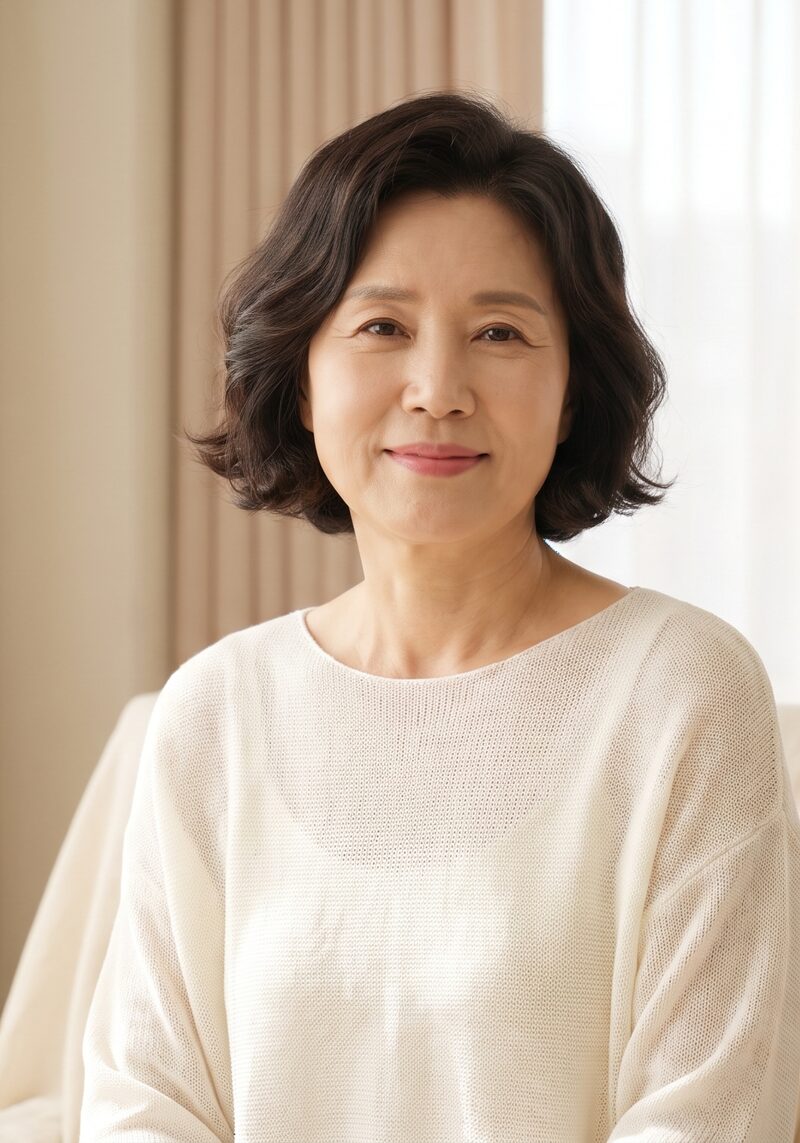 밝은 스튜디오에서 편안하게 미소 짓는 중년 여성 (AI 생성 예시 이미지)