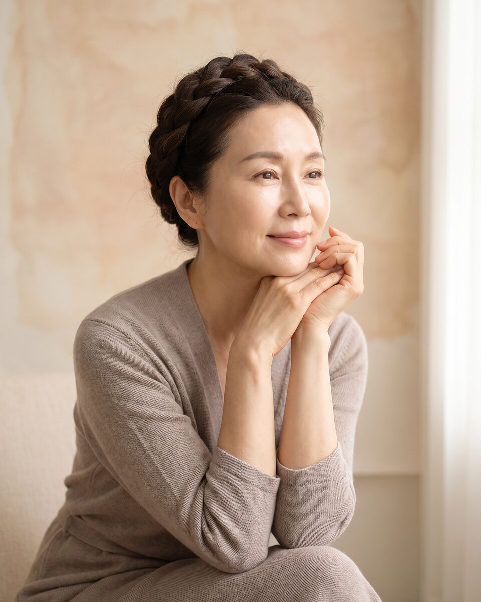 따뜻한 베이지 톤의 안티에이징 인물 컨셉 이미지 (AI 생성 예시)