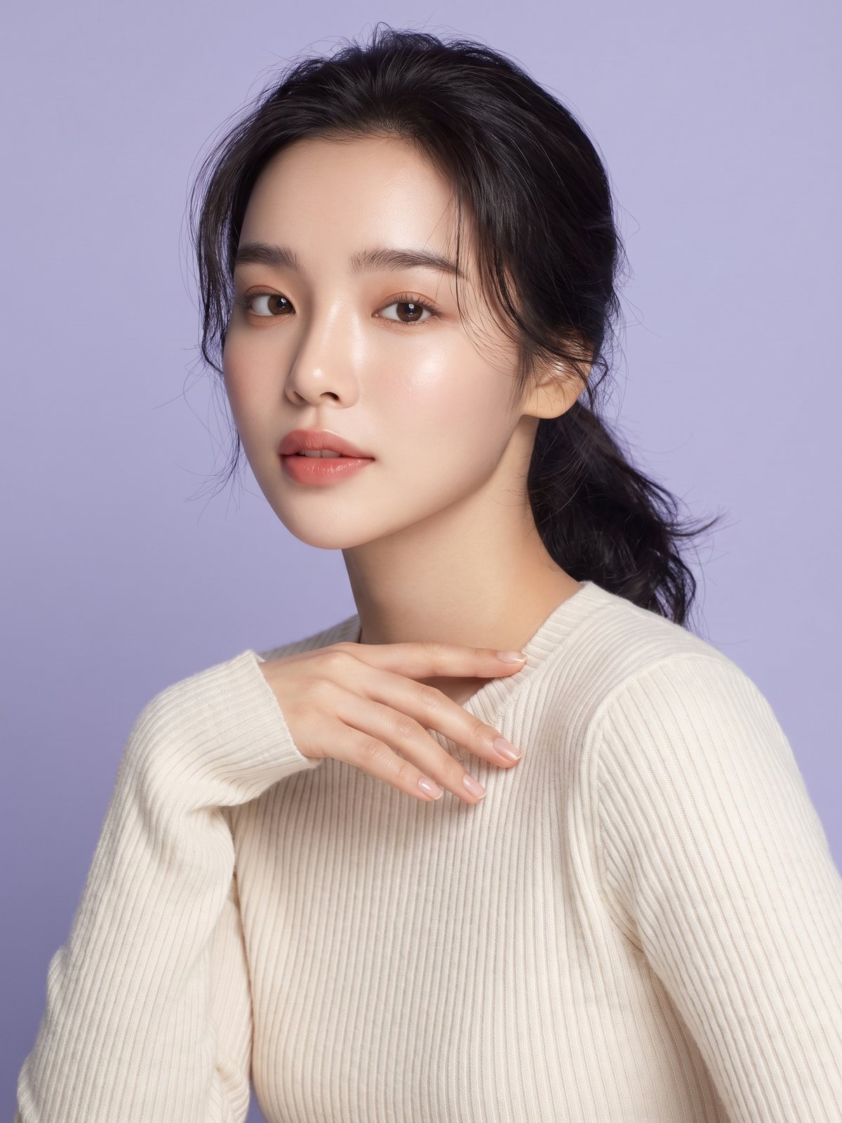 라벤더 파스텔 스튜디오 배경 앞에 선 뷰티 모델 이미지 (AI 생성 예시)