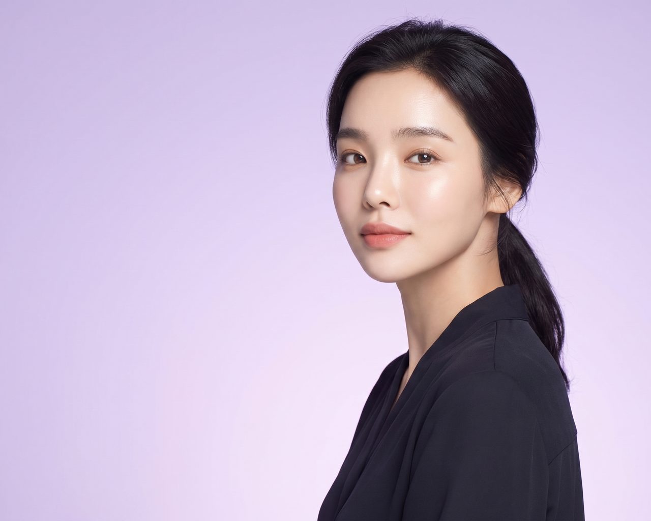 부드러운 라벤더 배경 앞에서 또렷한 눈매를 보이는 중년 여성 모델 (AI 생성 예시)