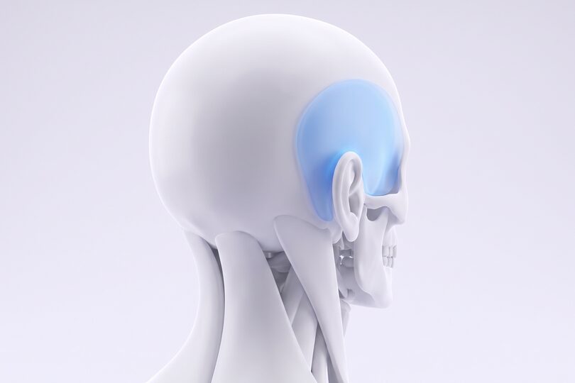 측두근 근막 위치를 표현한 해부 일러스트 (AI 생성 예시)