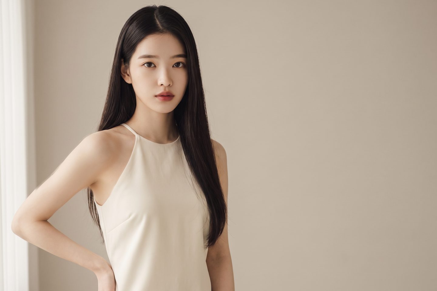 아이보리 홀터 톱을 입은 AI 생성 가상 모델의 메인 키비주얼