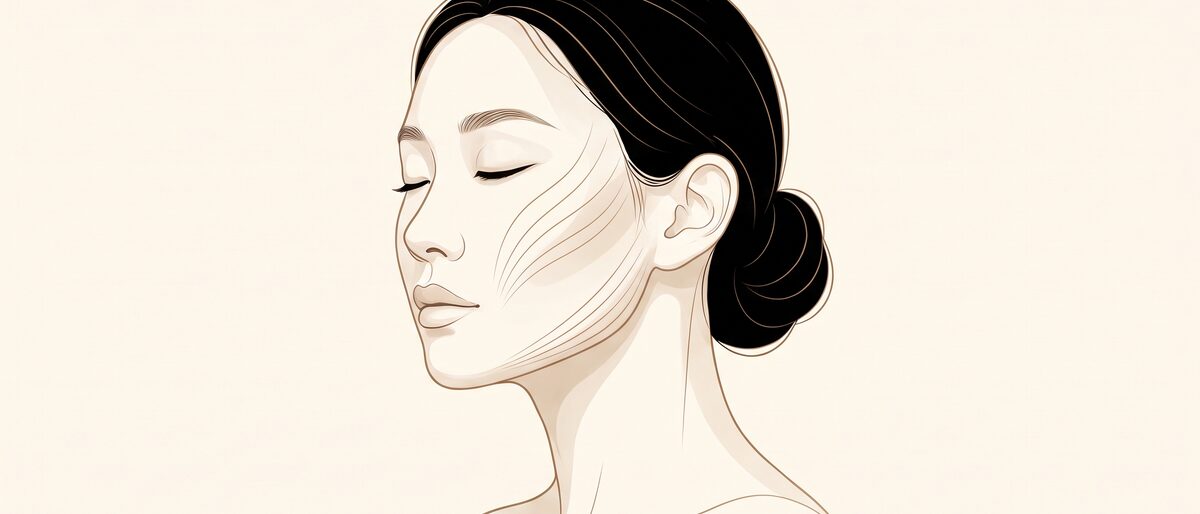 헤어라인·광대 아래·귀 아래에서 시작하는 부위별 실 자입 방향을 3단계로 나타낸 측면 해부 개념 일러스트 — AI 생성 예시 이미지
