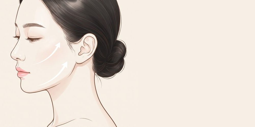 측면 얼굴의 팔자주름·처진 볼·늘어진 턱선·이중턱·목주름 위치를 표시한 리프팅 개념 일러스트 — AI 생성 예시 이미지