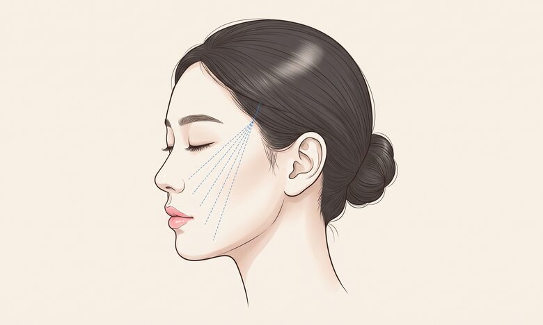 얼굴 리프팅과 목 리프팅의 탄성밴드 삽입 경로를 각각 담은 2개 프레임의 개념 일러스트 — AI 생성 예시 이미지