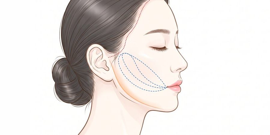 맥스 탄력실리프팅 개념 일러스트 — 측면 얼굴의 절개 위치와 스마스층 박리·고정 방향 (AI 생성 예시 이미지)