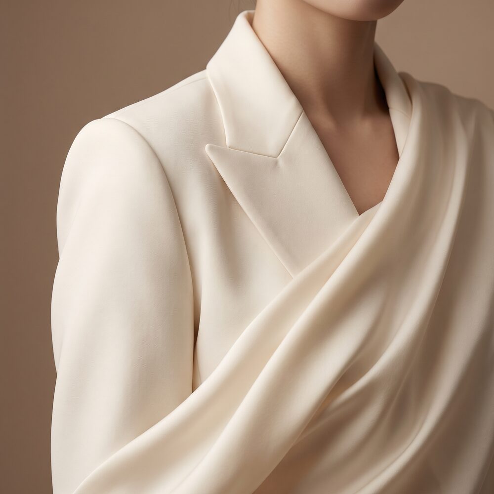 아이보리 재킷의 어깨와 칼라 주름을 담은 AI 생성 예시 이미지