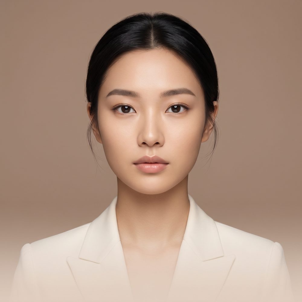 정면을 바라보는 가상 모델의 어깨 위 포트레이트 AI 생성 예시 이미지