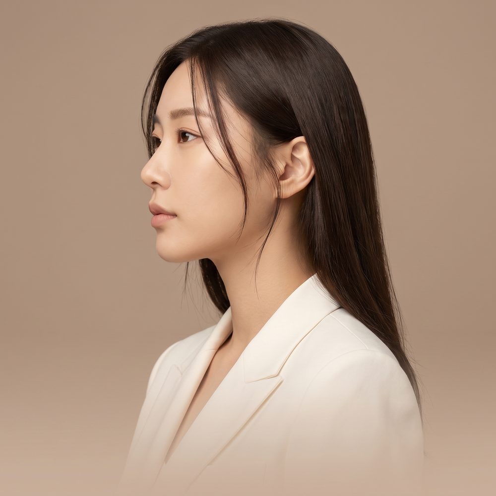 측면 3/4 앵글로 담은 가상 모델의 얼굴 라인 AI 생성 예시 이미지
