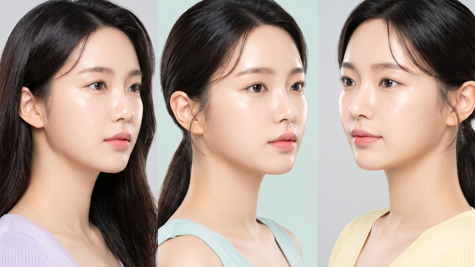 비환자 가상 한국인 뷰티 모델의 반측면 프로필 콜라주 영상 썸네일 (AI 생성 예시)