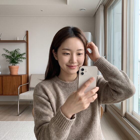 리뷰티 리얼 셀피 후기 예시 이미지 · 여성 (AI 생성)
