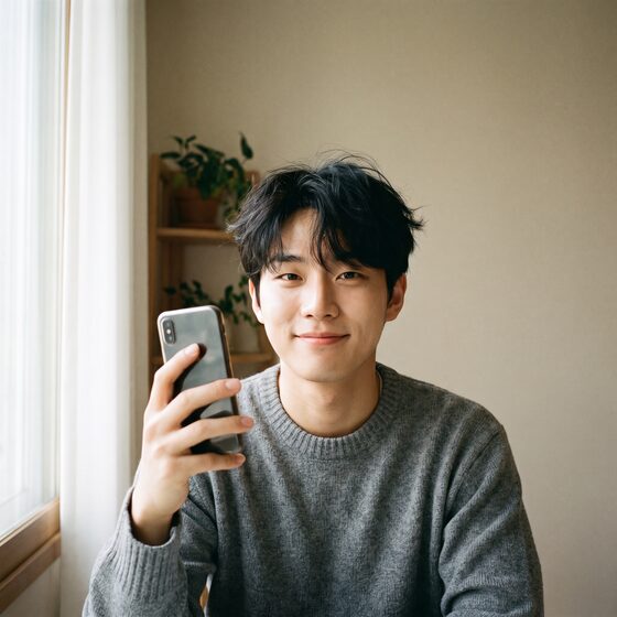 리뷰티 리얼 셀피 후기 예시 이미지 · 남성 (AI 생성)
