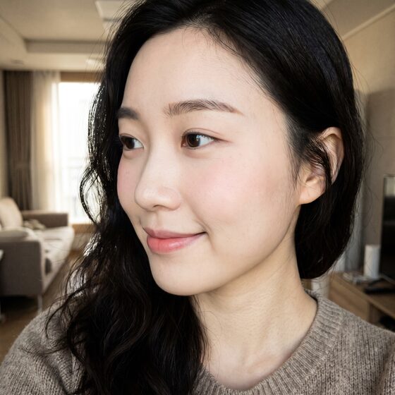 리뷰티 리얼 셀피 후기 예시 이미지 · 여성 반측면 (AI 생성)