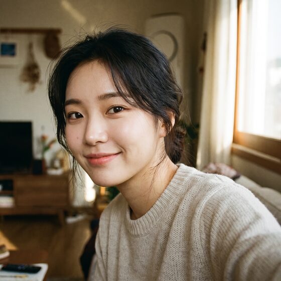 리뷰티 리얼 셀피 후기 예시 이미지 · 여성 반측면 (AI 생성)