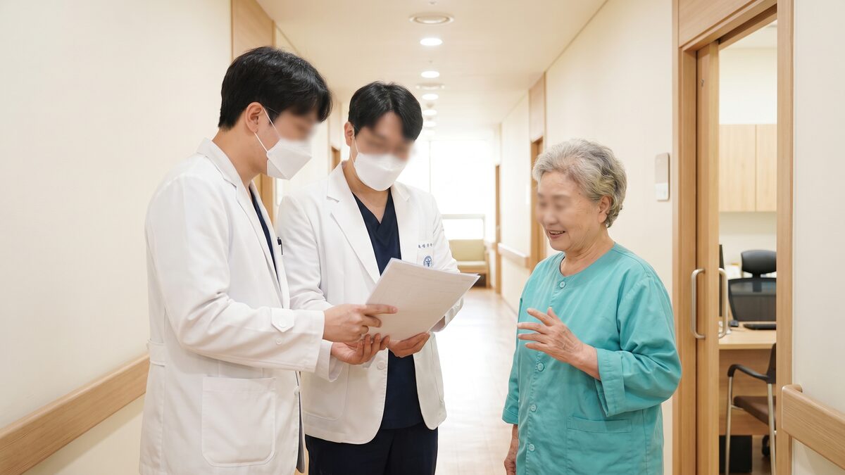 밝은 병원 복도에서 익명 의료진 두 명이 노년 환자와 상담하는 모습 (AI 생성 예시 이미지)