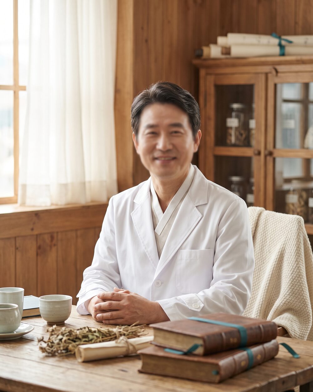 따뜻한 원목 진료실에서 흰 가운을 입은 익명 컨셉의 통합 한방 케어 대표원장