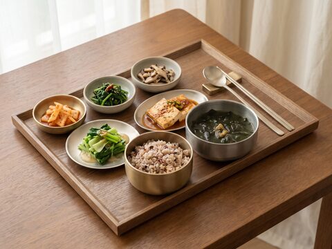 밥·국·나물로 구성된 균형 회복식 상차림 예시 (AI 생성 예시 이미지)