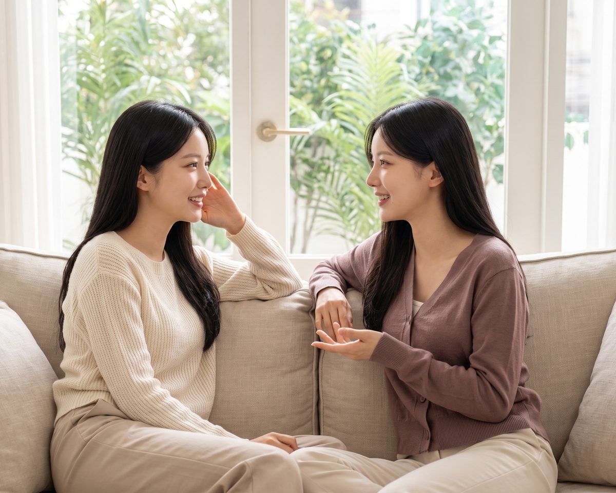 밝은 라운지에서 편안하게 이야기 나누는 방문객 예시 이미지