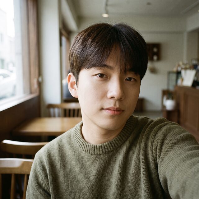 편안한 표정의 셀피 예시 이미지 (가상 모델)