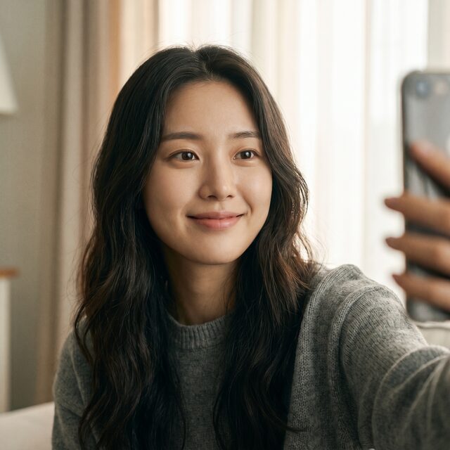 긴 머리 스타일의 셀피 예시 이미지 (가상 모델)