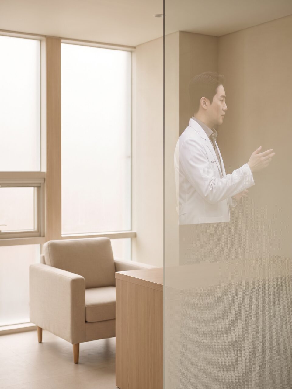 흰 가운을 입은 리뷰티 의료진이 진료실에서 손동작으로 상담 내용을 설명하는 모습 (AI 생성 예시 이미지)