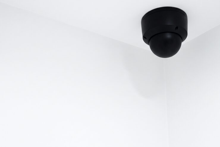 화이트 천장 코너에 설치된 돔형 CCTV 카메라와 미니멀한 실내