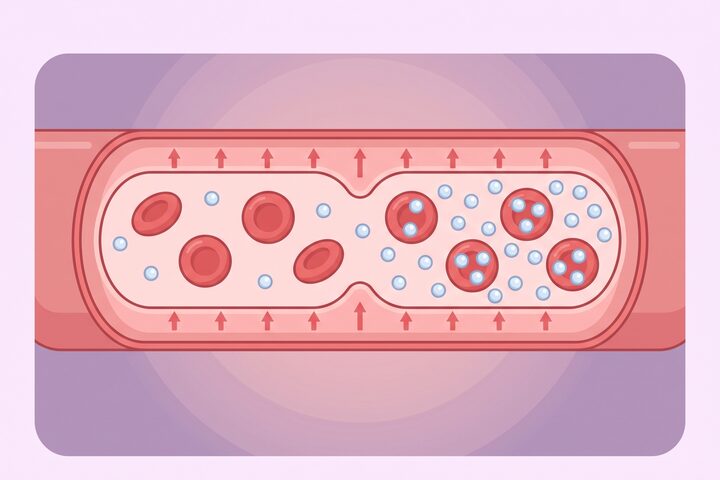 고압산소치료기 내 2~3기압 혈관 단면 개념도 — 혈장에 녹은 산소분자가 세포까지 도달하는 모습