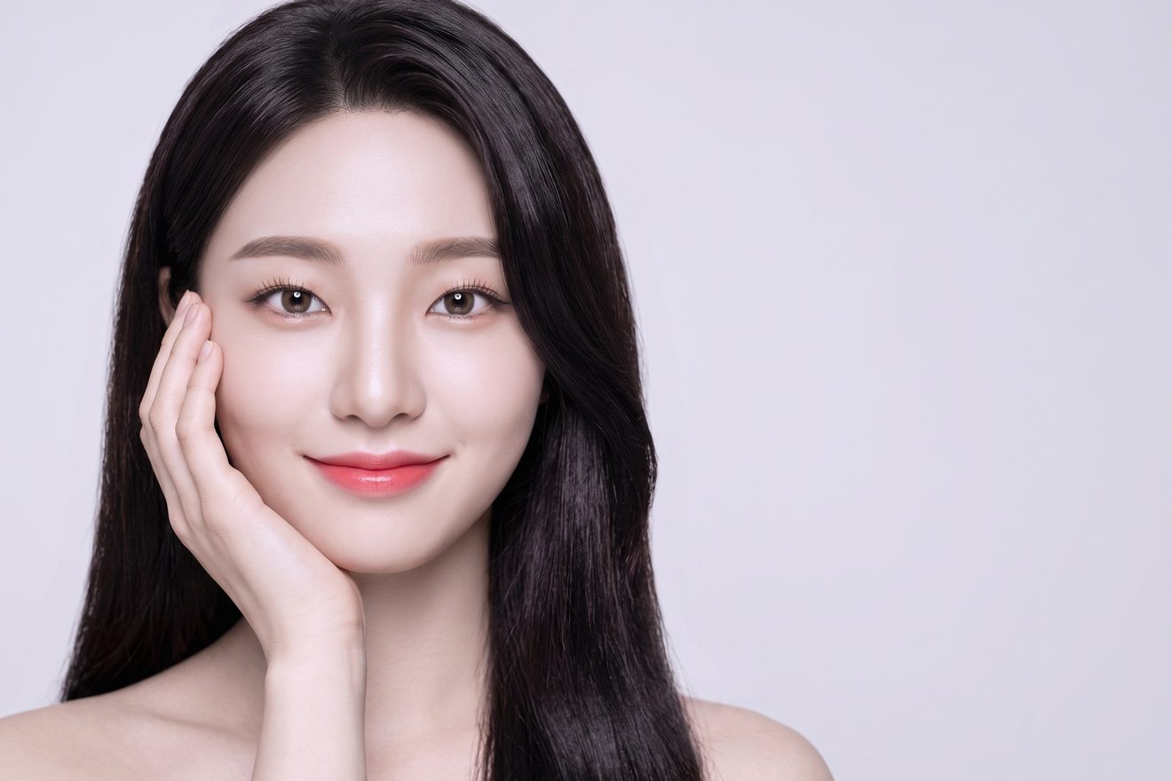 정기적 경과 체크 — 볼에 손을 가볍게 얹은 20대 가상 한국인 여성 모델의 정면 클로즈업, AI 생성 예시 이미지