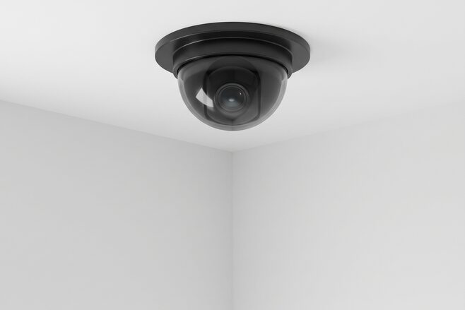 수술실 천장 모서리에 설치된 돔형 CCTV 카메라 — 사각지대 없는 녹화 환경, AI 생성 예시 이미지