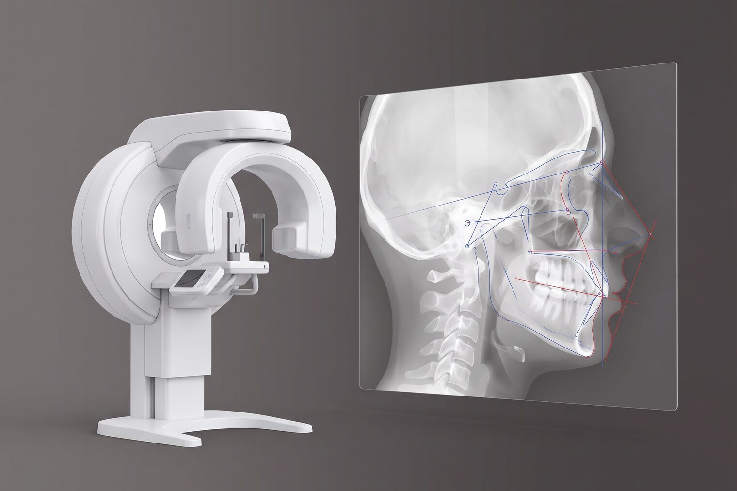 다크 배경 위 화이트 3D-CT 장비와 측면 두부 계측 라인 시각화 — AI 생성 예시 이미지