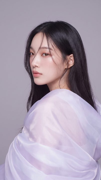 리뷰티 쇼츠 예시 — 어깨 너머로 돌아보는 가상 여성 모델 프로필 촬영 스틸 (AI 생성 예시)