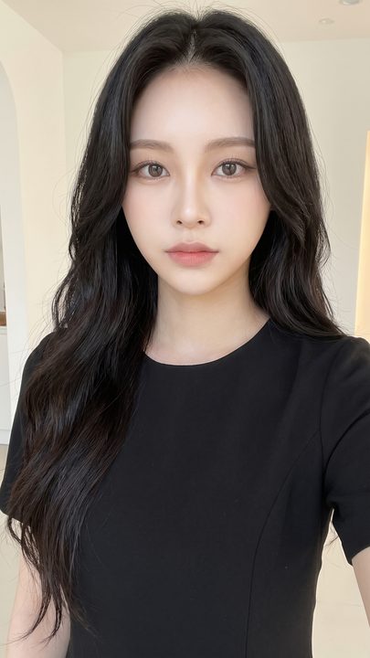리뷰티 쇼츠 예시 — 블랙 드레스 셀피 무드의 가상 여성 모델 스틸 (AI 생성 예시)