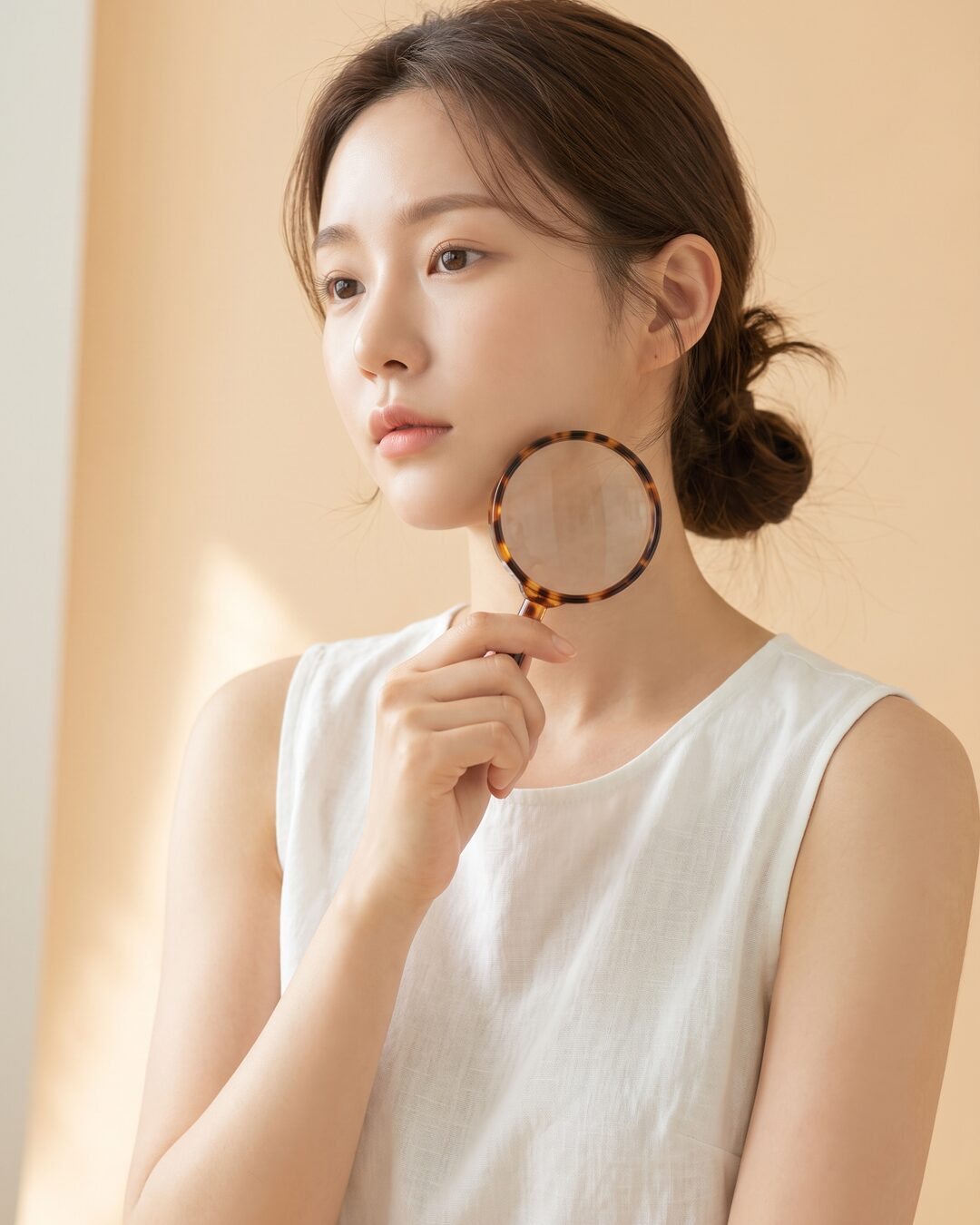 확대경으로 피부를 살펴보는 여성 모델 (AI 생성 예시 이미지)