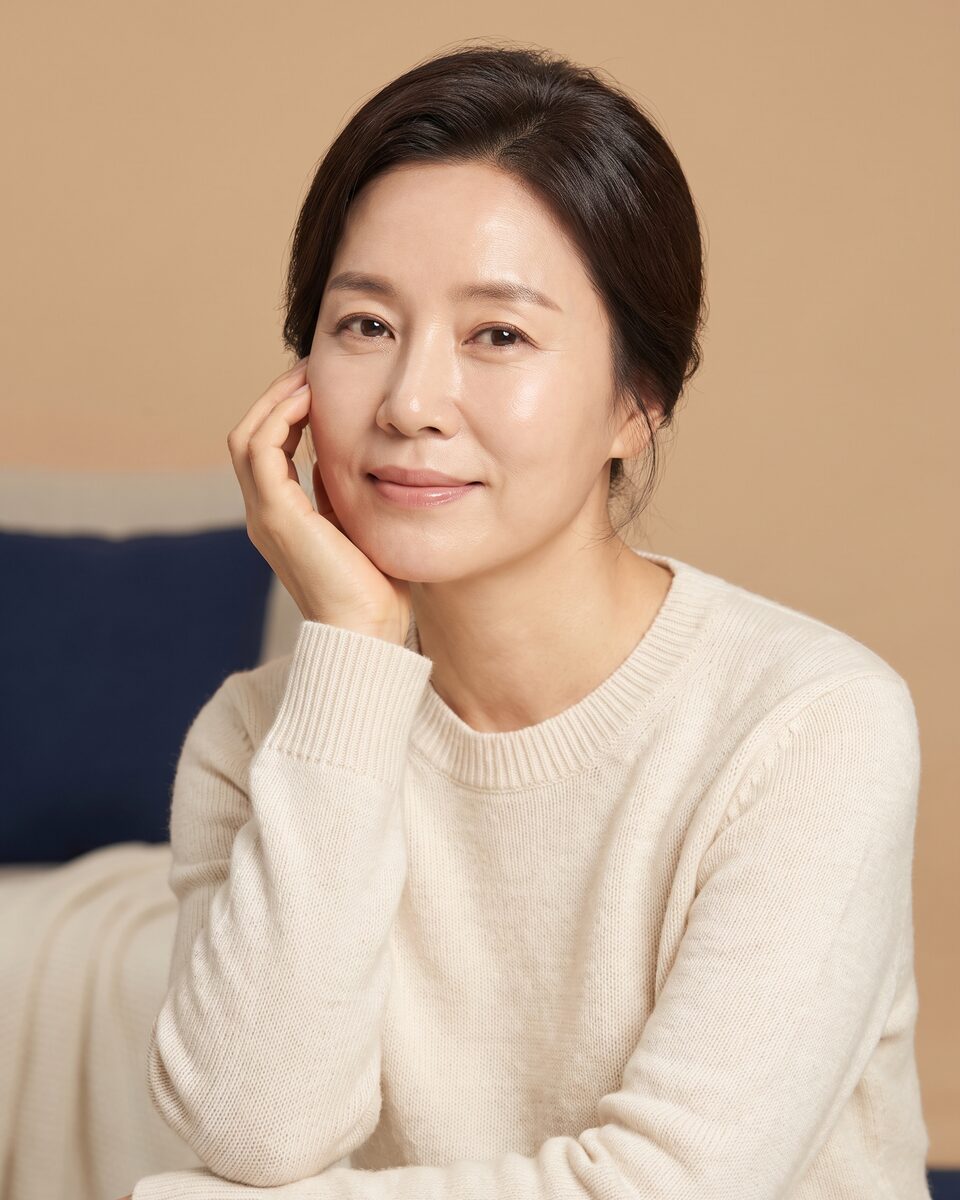 밝고 또렷한 눈가의 중년 여성 모델 (AI 생성 예시 이미지)