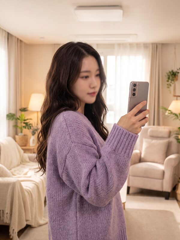 라벤더 니트를 입은 편안한 실내 라이프스타일 예시 이미지