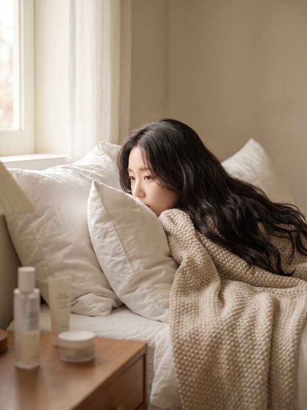부드러운 침구 위 자연광 라이프스타일 예시 이미지