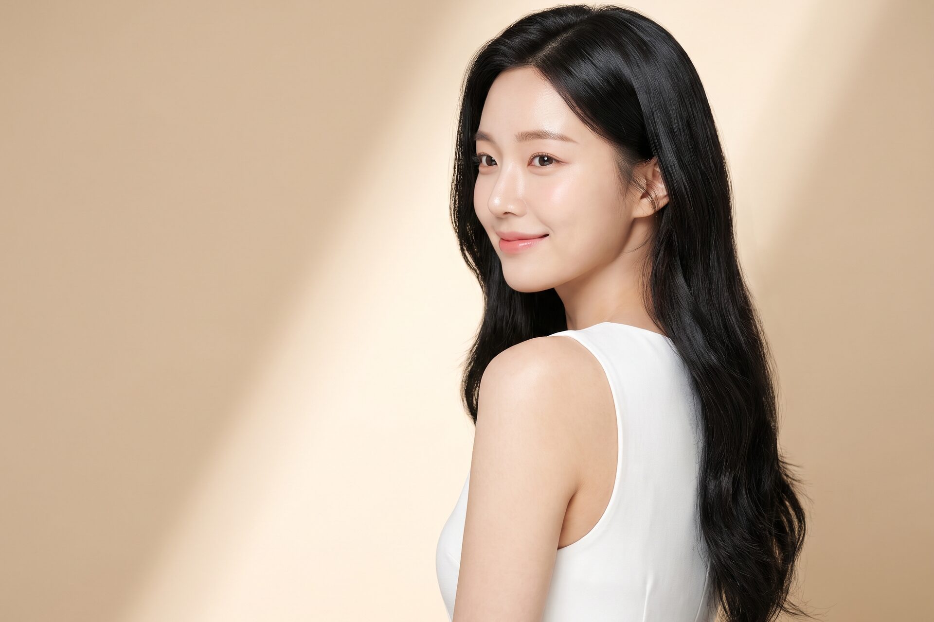 환한 스튜디오 조명 아래 눈매가 또렷한 여성 모델의 예시 이미지