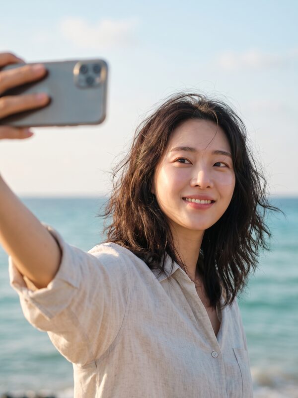 바닷가에서 자연스러운 미소를 지은 일상 셀피 예시 이미지