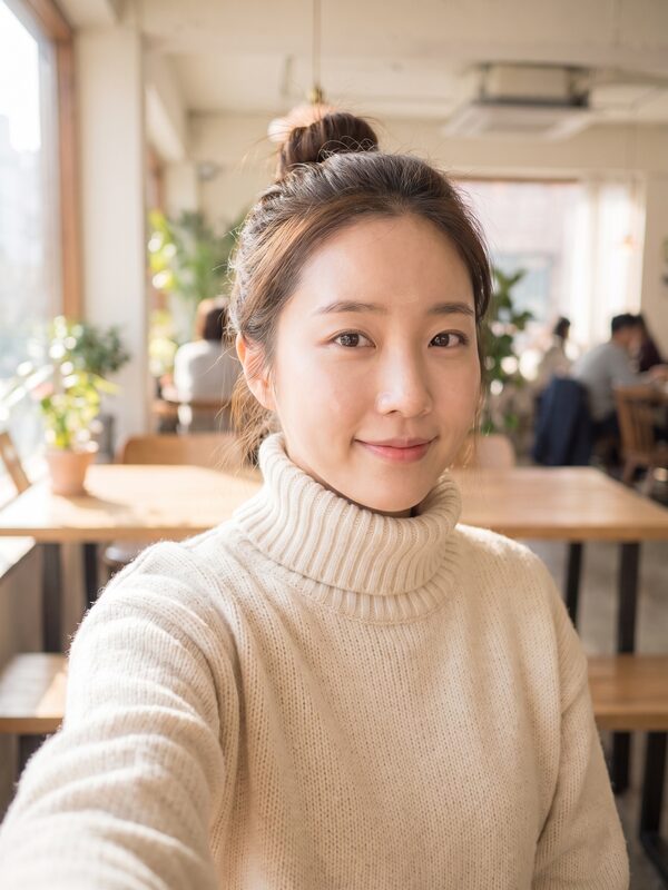 포근한 니트를 입고 실내 카페에서 찍은 일상 셀피 예시 이미지