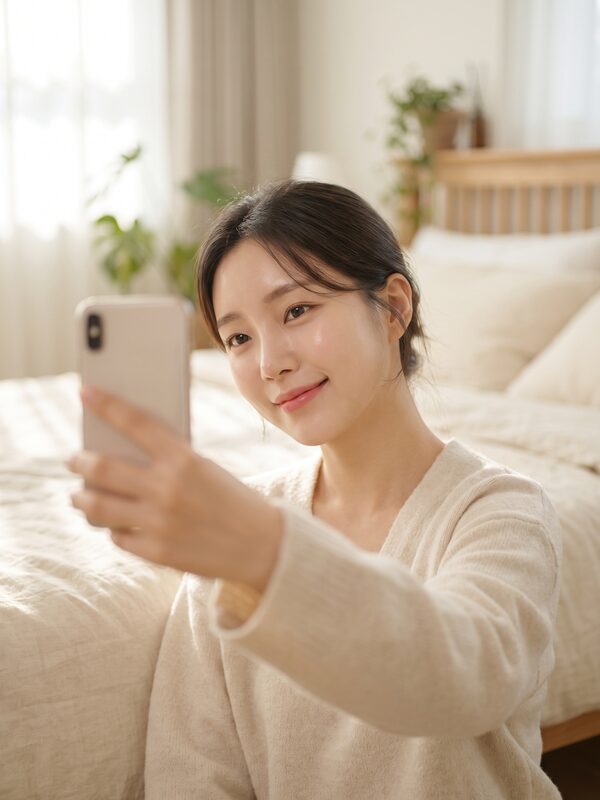 밝은 아침 햇살이 드는 침실에서 편안하게 찍은 일상 셀피 예시 이미지