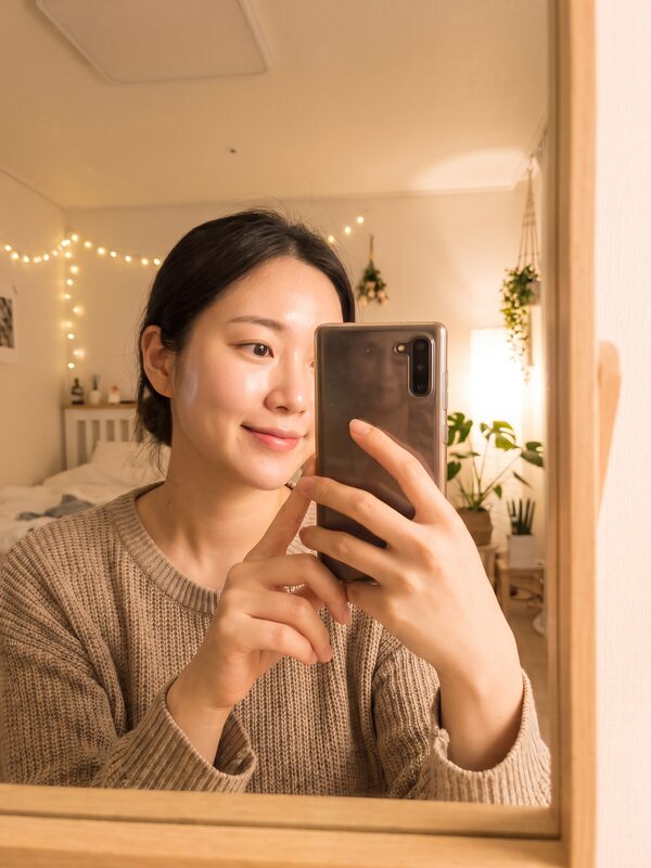 따뜻한 실내 조명 아래 거울 앞에서 찍은 일상 셀피 예시 이미지