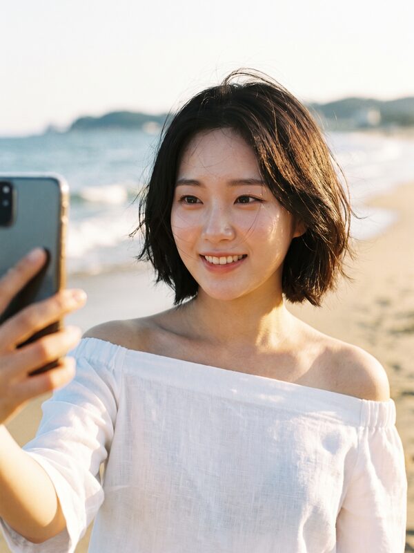 바닷가 배경의 밝은 분위기 셀피 예시 이미지 (AI 생성)