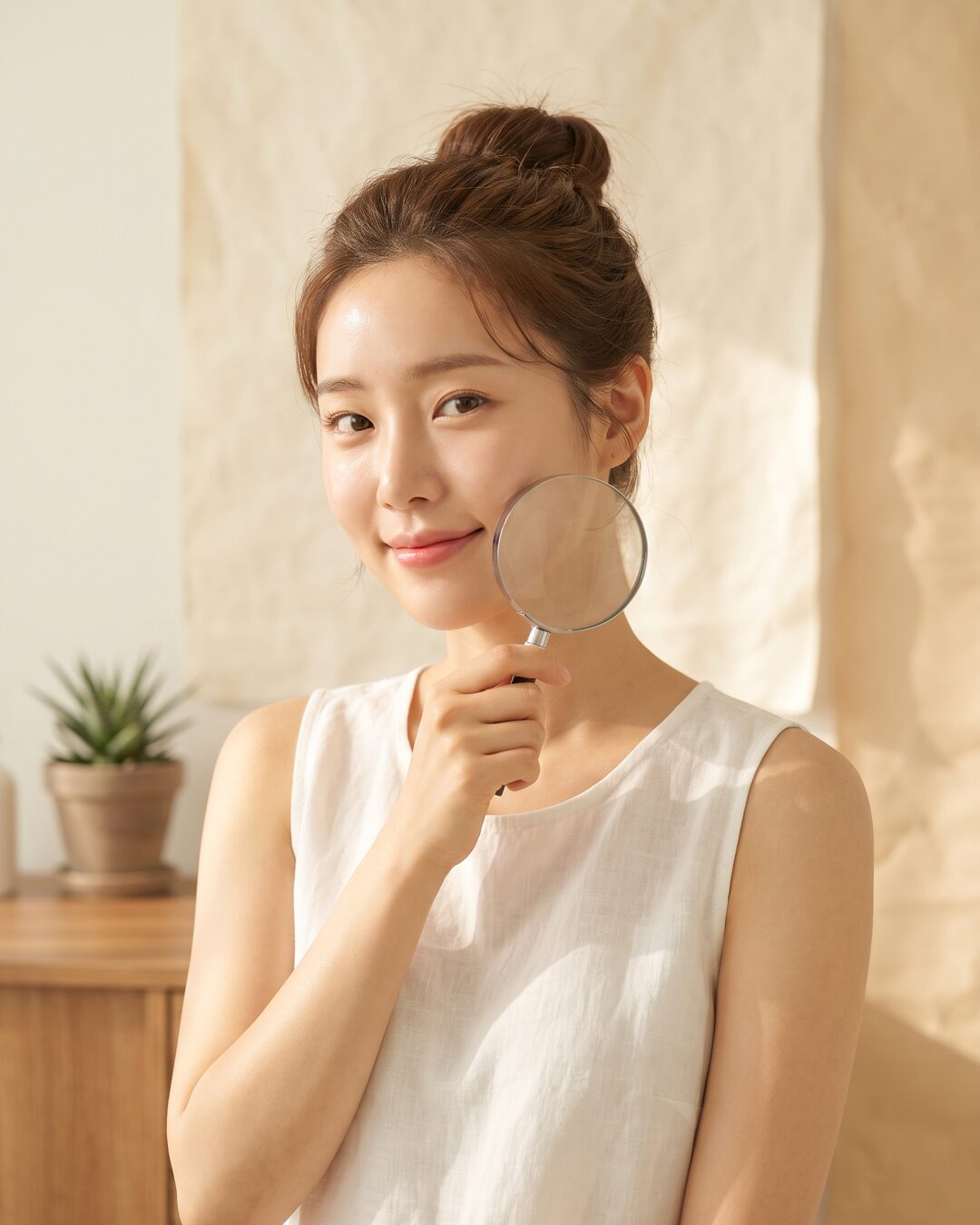 확대경으로 피부 상태를 살펴보는 여성 모델