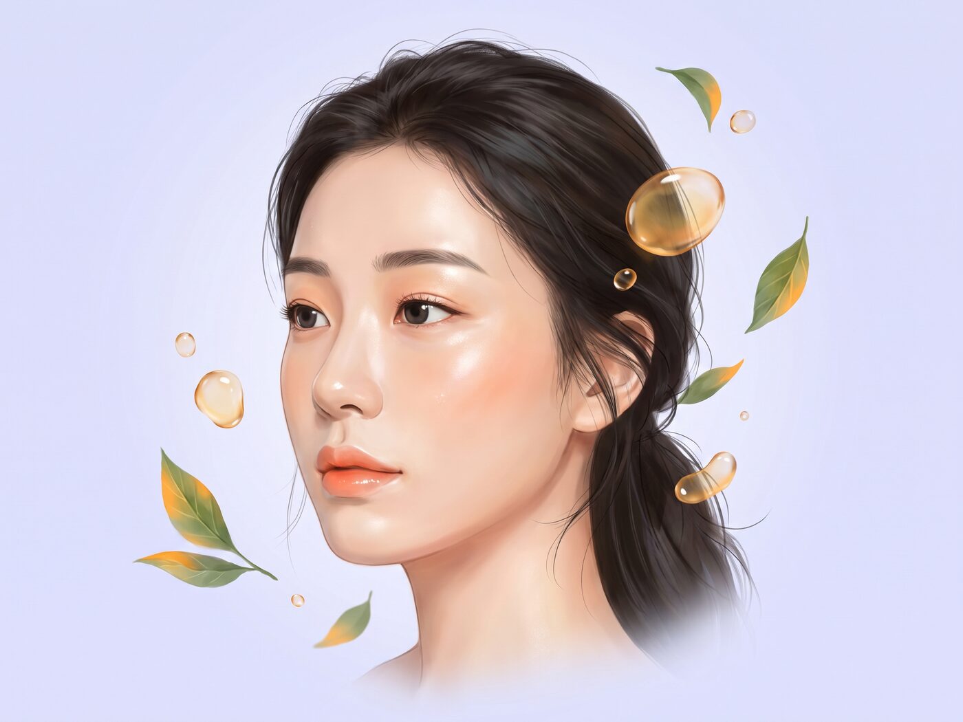 맑고 건강한 피부결의 가상 모델과 보태니컬 스킨케어 무드 이미지