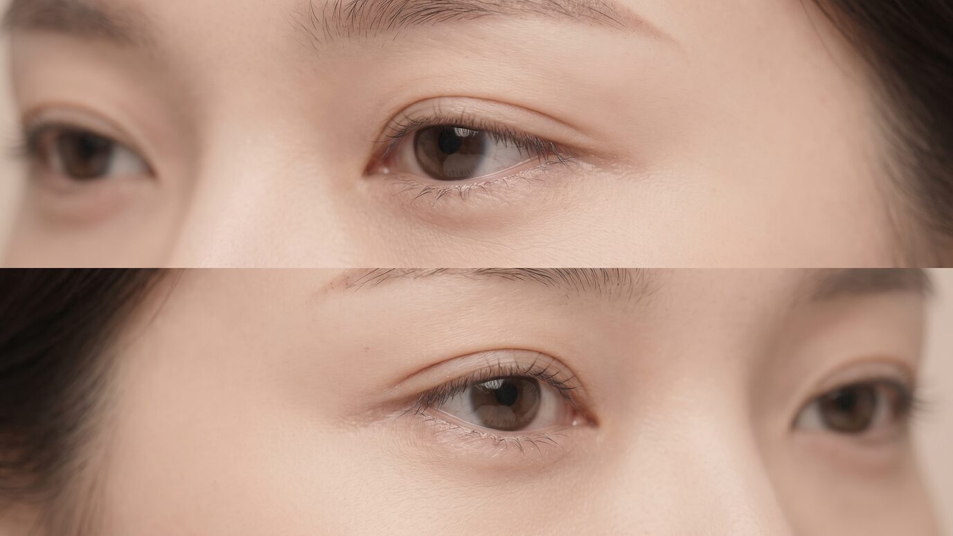 눈 성형 상담 안내를 위한 비식별 개념 이미지 — 따뜻한 베이지 톤의 부드러운 클로즈업