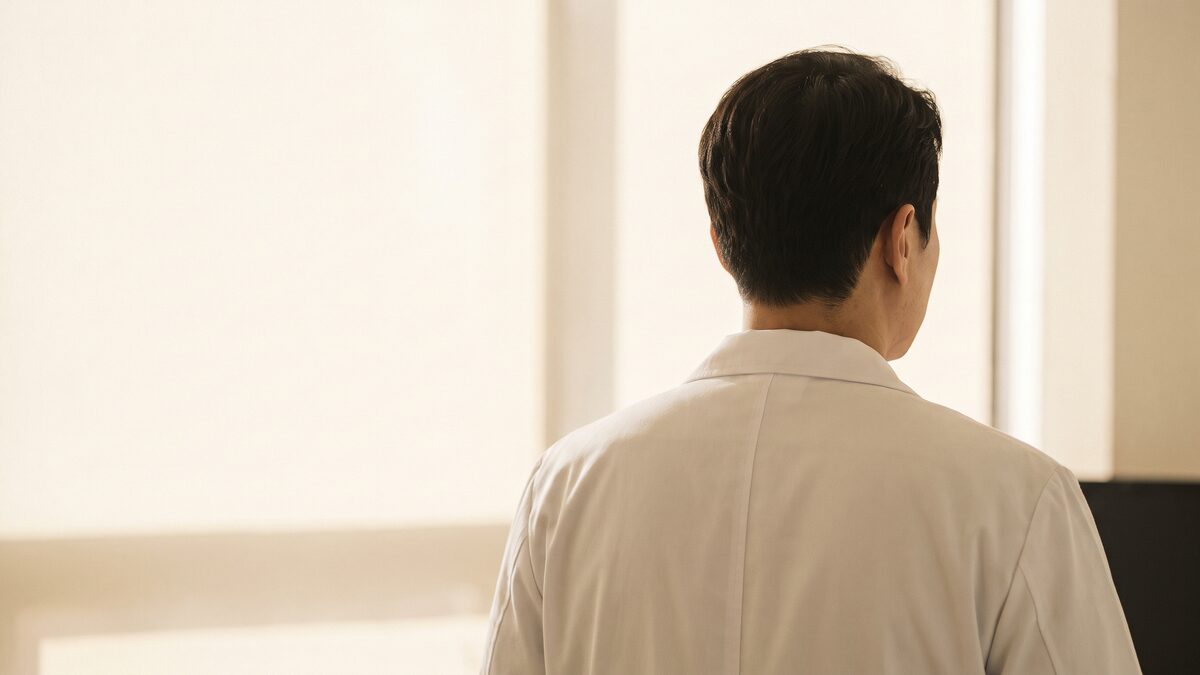 창가 자연광이 스며드는 진료실에서 화이트 가운을 입은 의료진의 뒷모습을 담은 인사말 컨셉 이미지
