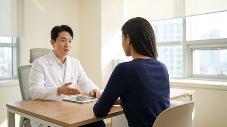소프트 포커스로 처리한 눈매 상담 설명 장면 영상 스틸