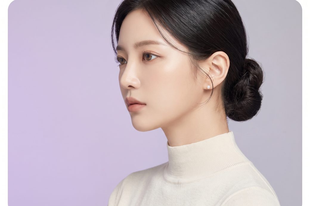 낮게 묶은 머리에 진주 귀걸이를 한 여성 모델의 옆얼굴 뷰티 컷 (AI 생성 예시 이미지)
